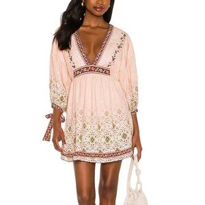 NWT Agua Bendita Alex Kezia Deep V Ethnic Floral Mini Pink Dress Sz. M
